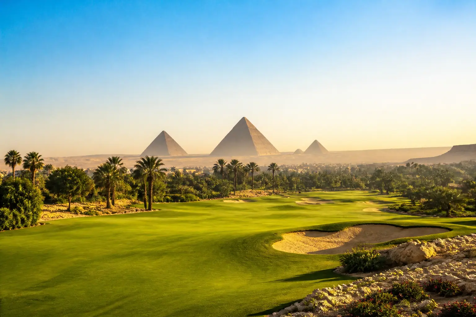 Championship fairway with the pyramids on the horizon